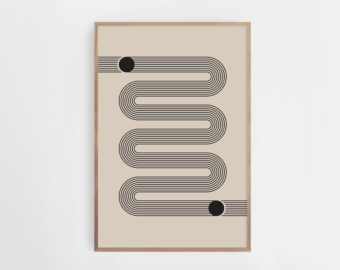 Beige Black Looped Line Bauhaus Style Mid Century Modern Art Poster