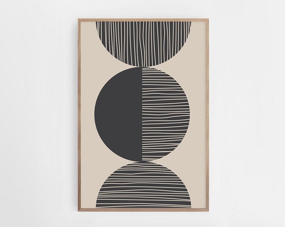 Beige Black Geometric Abstract Art Print
