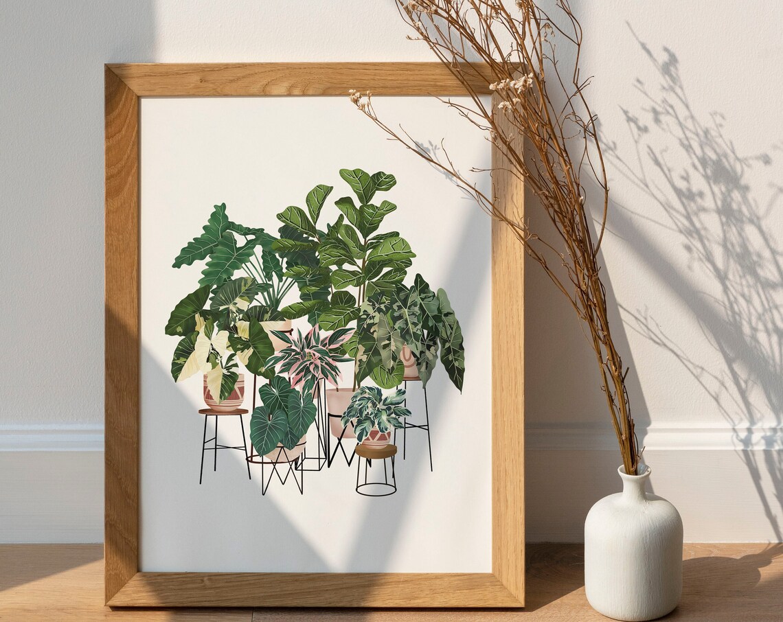 Houseplants On Plant Stands Lush Indoor Jungle Botanical Poster