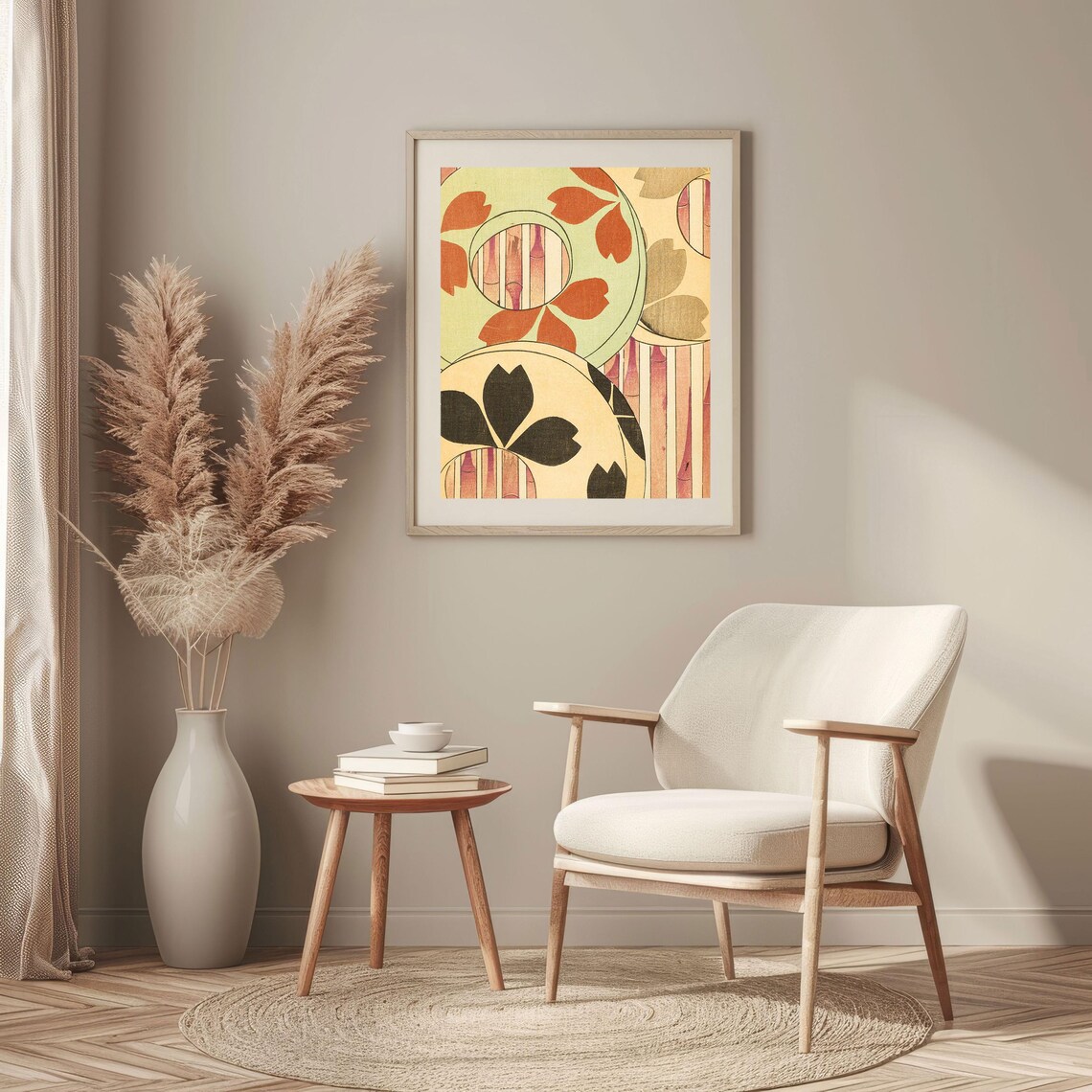 Vintage Japanese Uchiwa Fan Floral Woodblock Style Art Wall Poster - Image 2
