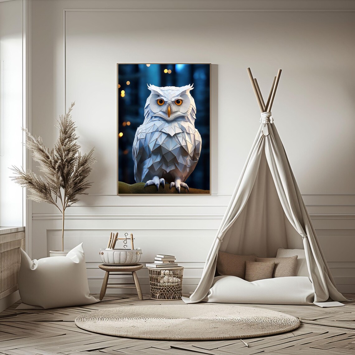 Geometric White Owl Paper Art Amber Eyes Night Moody Animal Wall Art Poster - Image 4