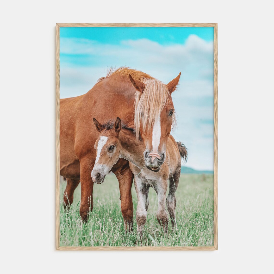Mare and Foal in Green Pasture Under Blue Sky Horse Photo Poster