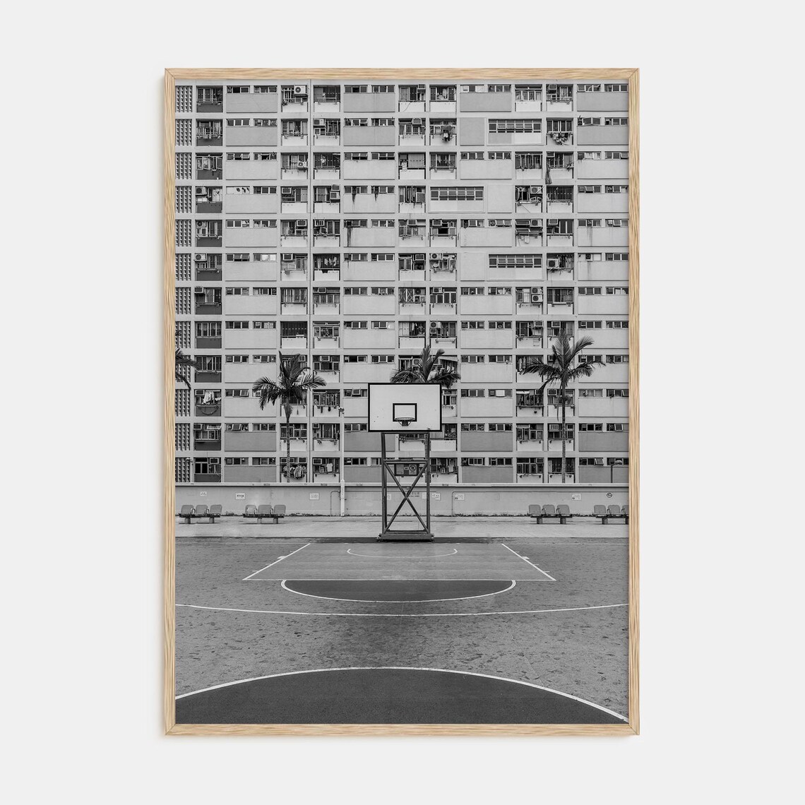 City Basketball Court Before Apartment Towers Black and White Poster