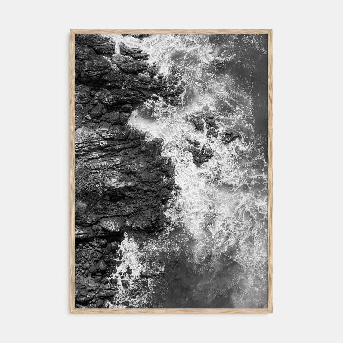 Ocean Waves Crashing Rocks Poster Black White Aerial Sea Photo Art