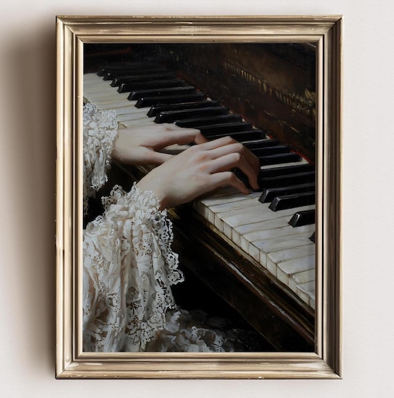 Victorian Woman Portrait Playing Piano Moody Painting Vintage Woman Print Victorian Decor Wall Art Dark Moody Antique Art Print Lace