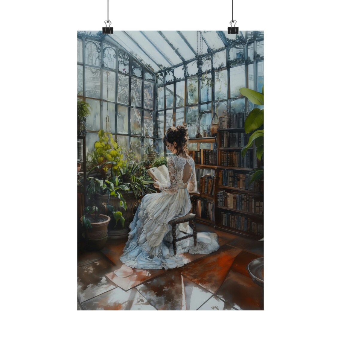 Bookish Woman Reading In Botanical Glass Library Conservatory Art Poster - Image 2