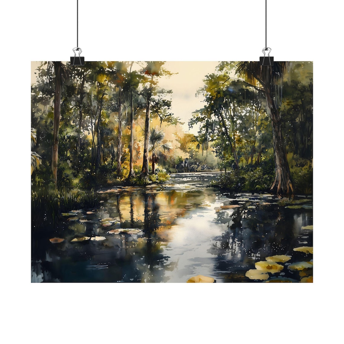 Sunlit Wetland River Watercolor Landscape Golden Light Art Print - Image 2