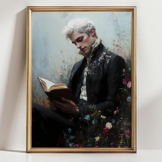 Victorian Gentleman Reading Book In Wildflower Meadow Bookish Art Poster