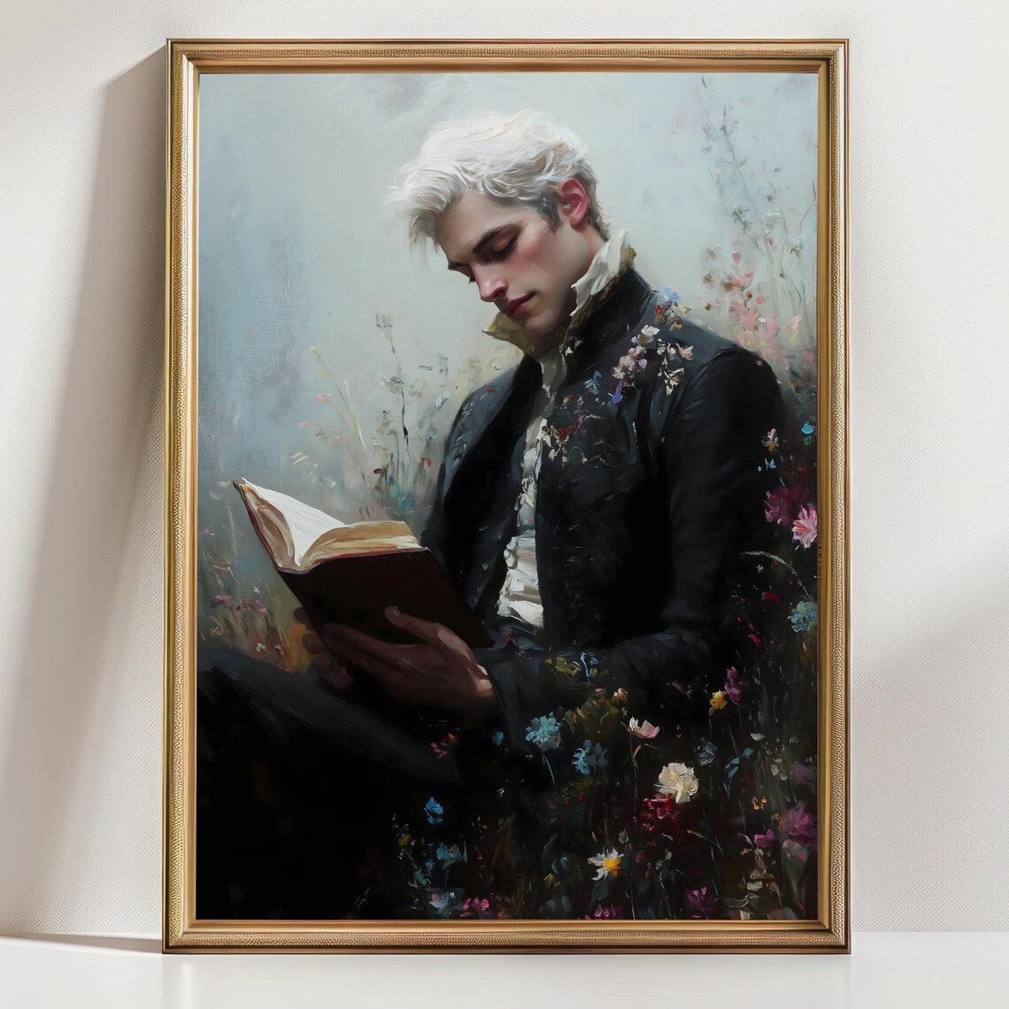 Victorian Gentleman Reading Book In Wildflower Meadow Bookish Art Poster