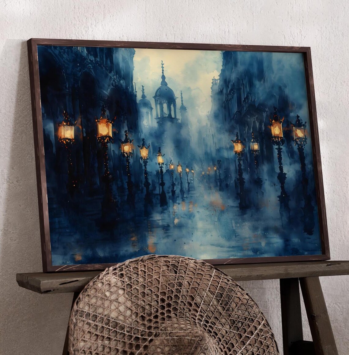 Venice Italy Misty Lantern Lit Street Night Watercolor Travel Poster - Image 2