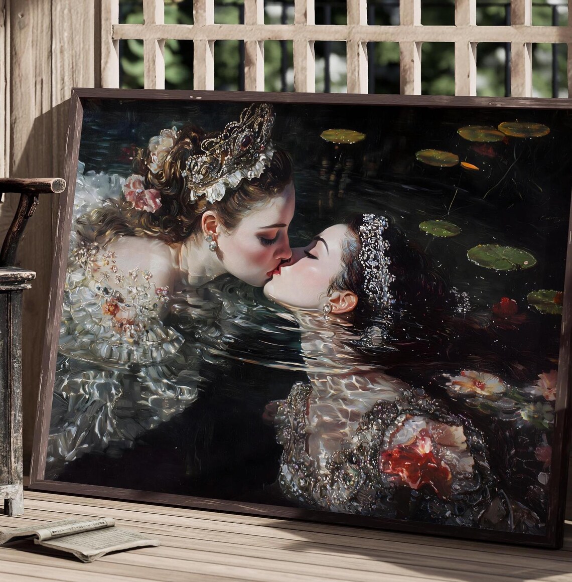 Crowned Sapphic Queens Kiss In Lily Pond Dark Romantic Art Poster - Image 2
