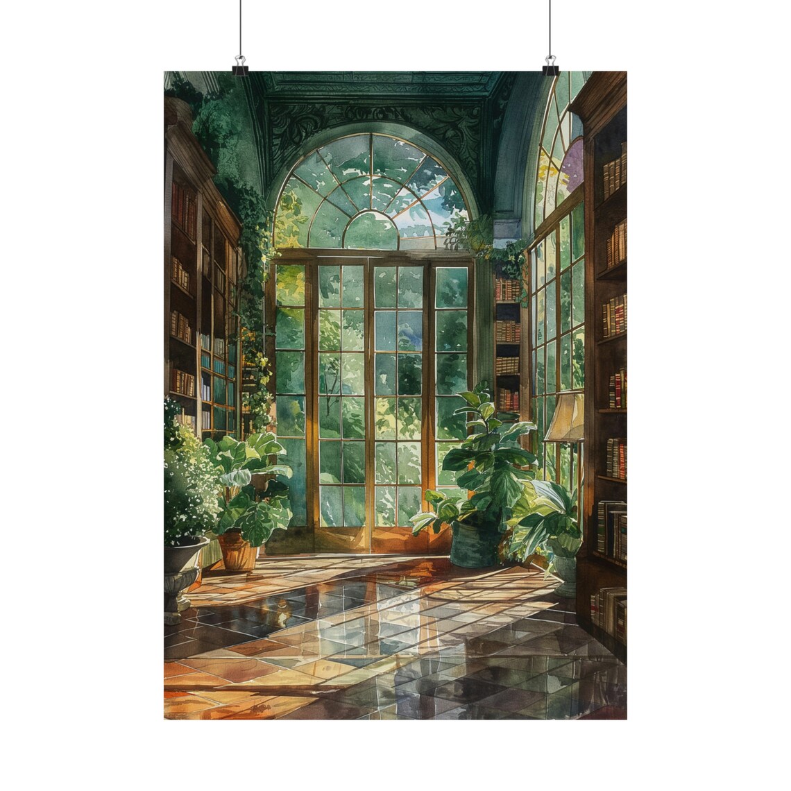 Greenhouse Library Conservatory Watercolor Sunlit Arched Windows Bookish Print - Image 3