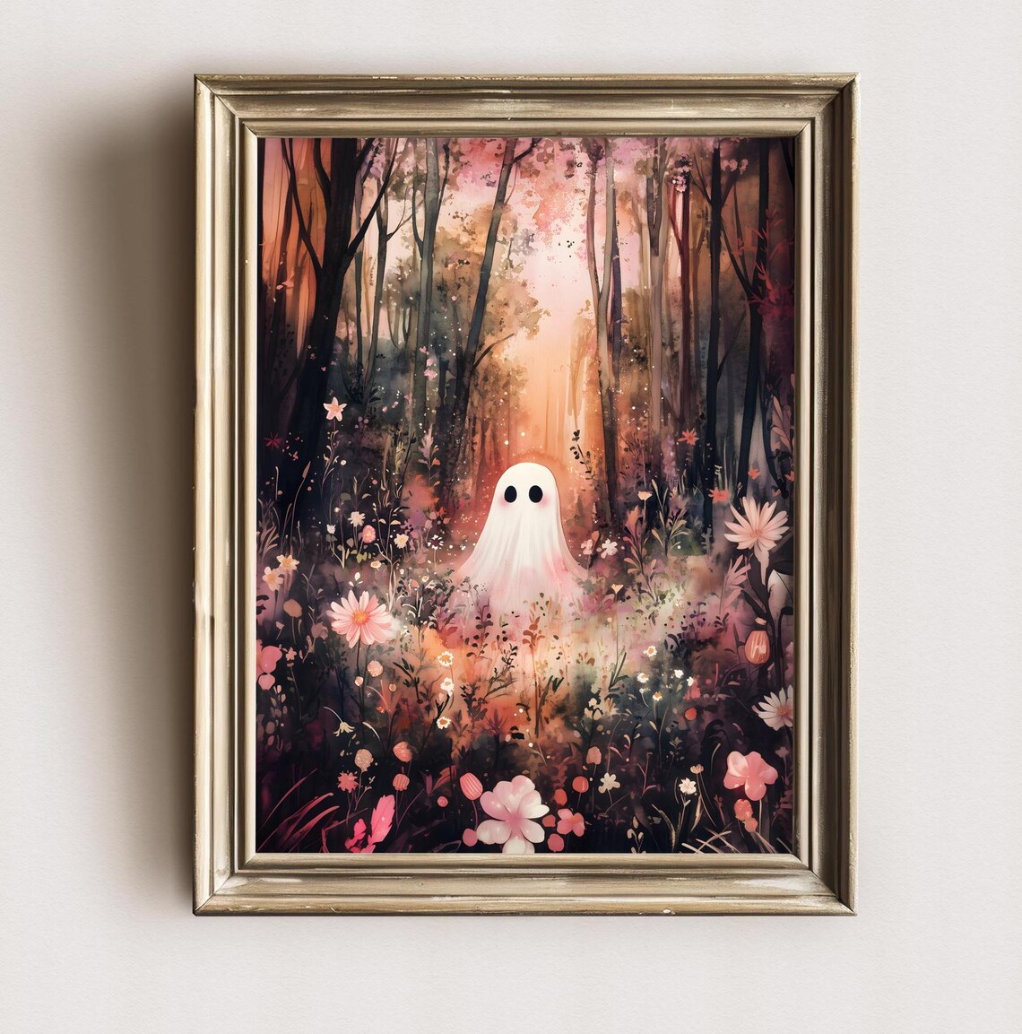Cute Ghost In Pink Sunset Forest With Wildflowers Whimsical Halloween Wall Art Poster - Image 2