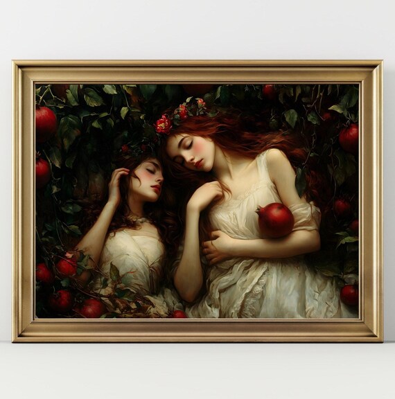 Sappho And Persephone Dark Academia Print Pomegranate Goth Moody Victorian Lesbian Sappho Wall Art Dark Decor Aesthetic