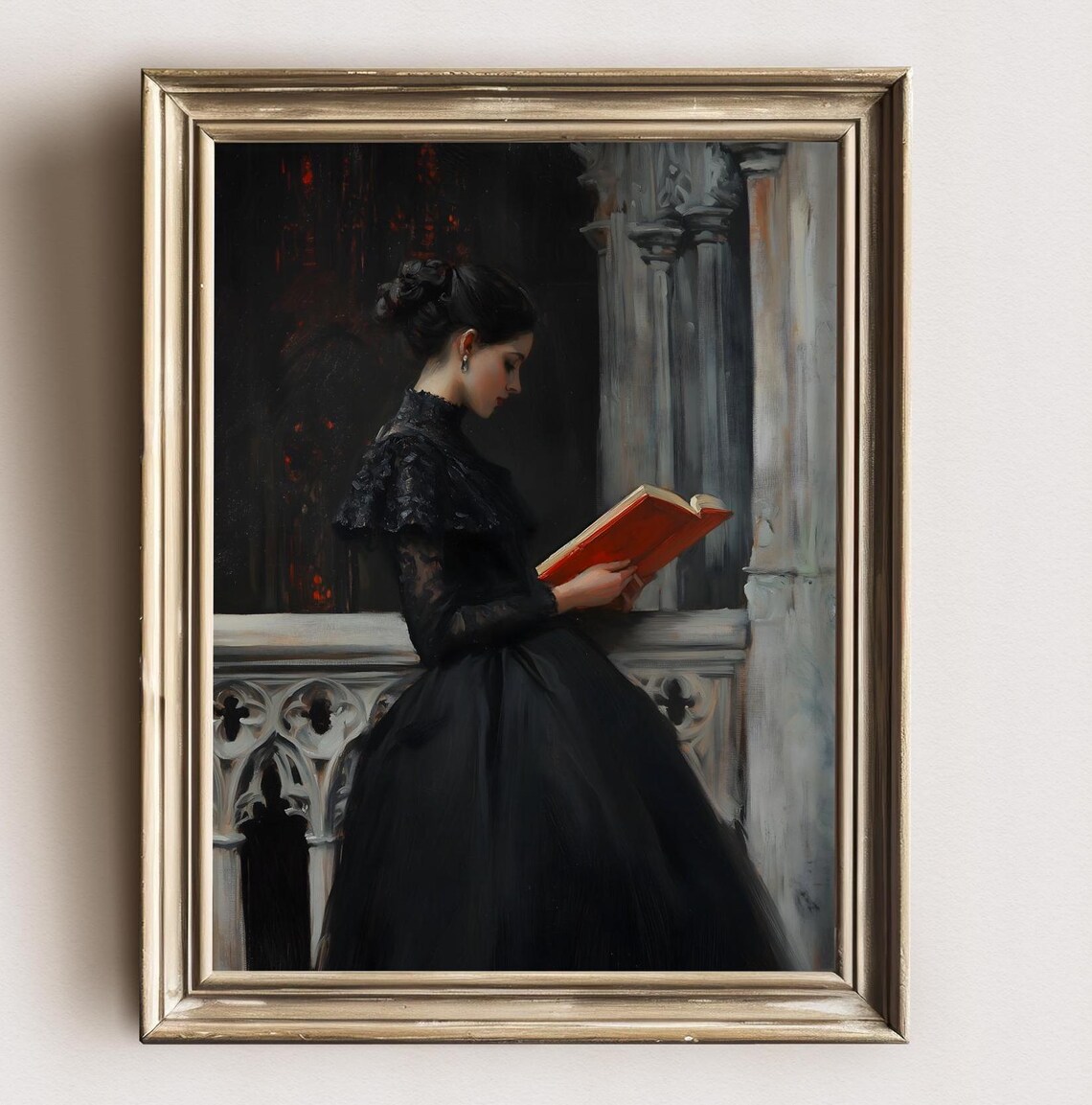 Victorian Woman Reading Red Book Gothic Balcony Dark Romance Art Poster - Image 2