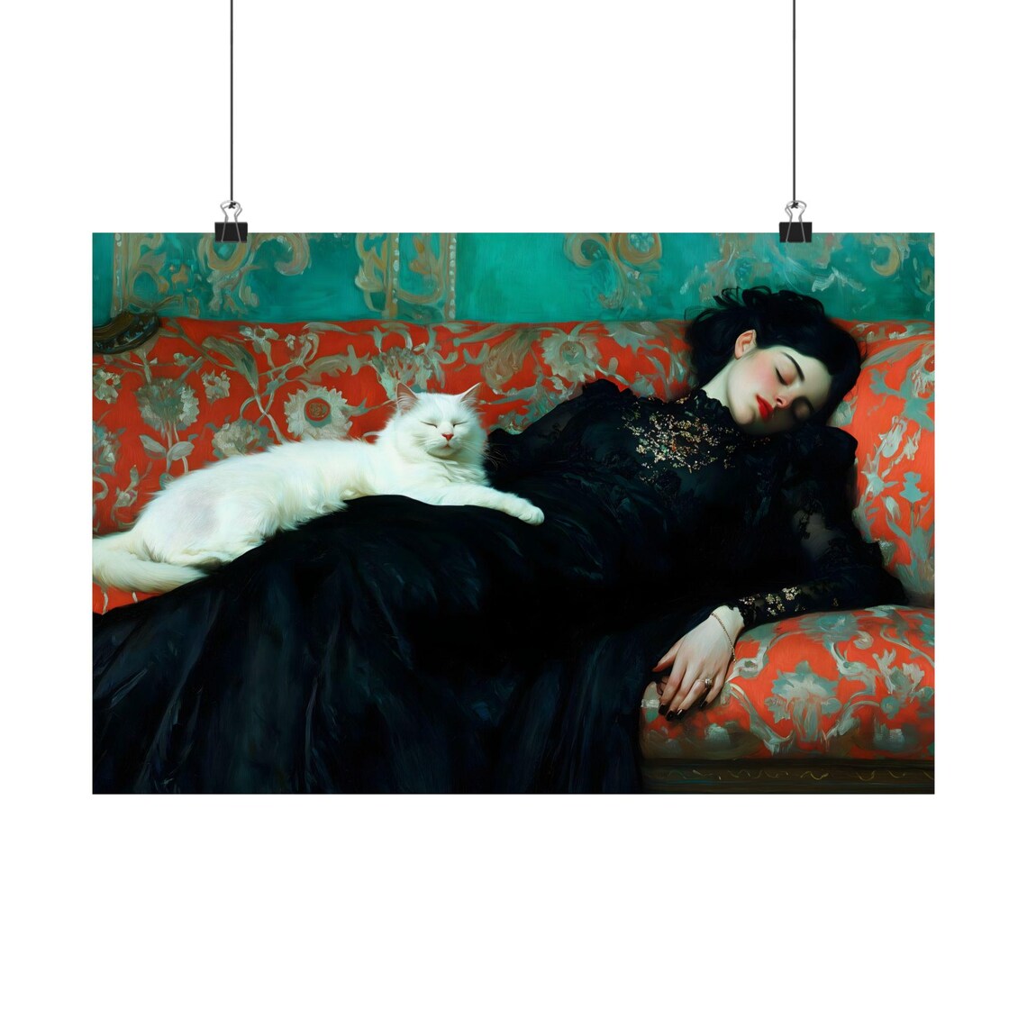 Cat And Woman Sleeping On A Couch, Victorian Art Print