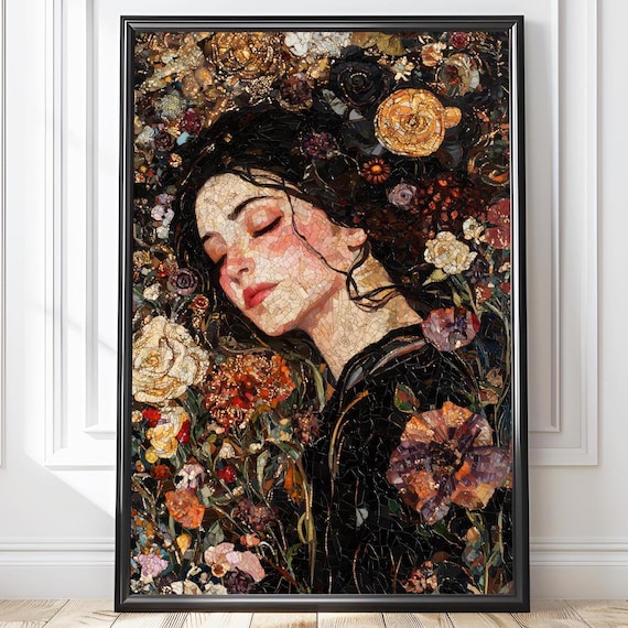 Mosaic Art Sleeping Lady Portrait Romantic Dark Academia Wall Art Flowers Print Moody Floral Art Prints Floral Wall Art