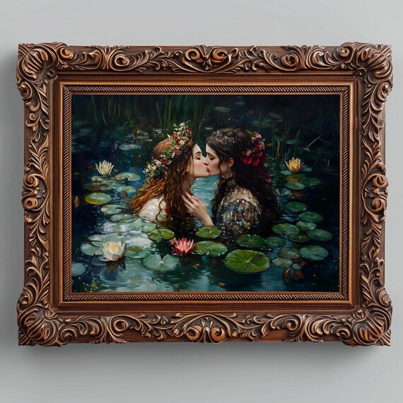 Lovers Kissing Among Water Lilies In Dark Pond Floral Crowns Romantic Sapphic Poster