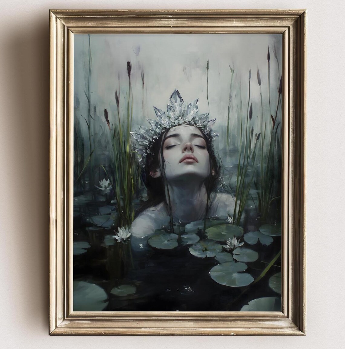 Ophelia Crystal Crown Woman Dark Lily Pond Reeds Gothic Fantasy Poster - Image 2