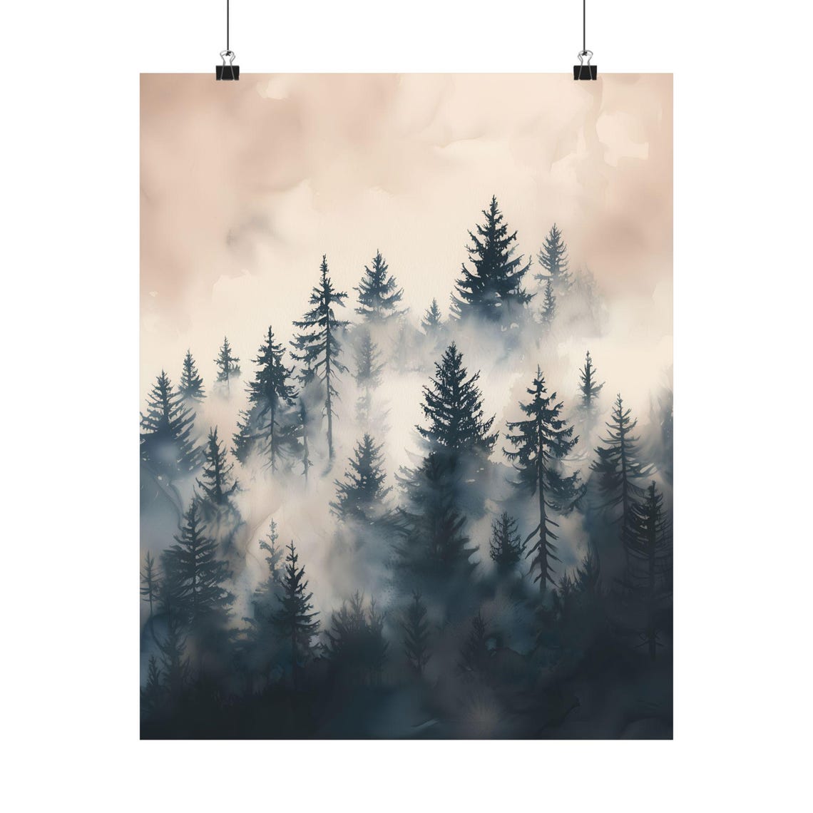 Moody Navy Blue Misty Pine Forest Fog Watercolor Dark Forest Art Print - Image 2