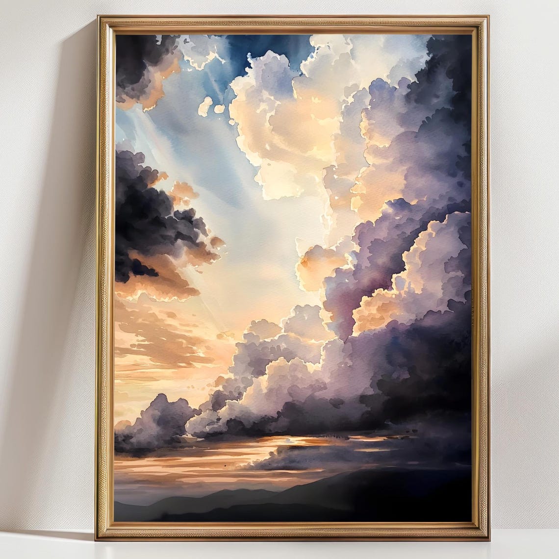 Golden Sunset Breaking Through Storm Clouds Over Dark Hills Poster