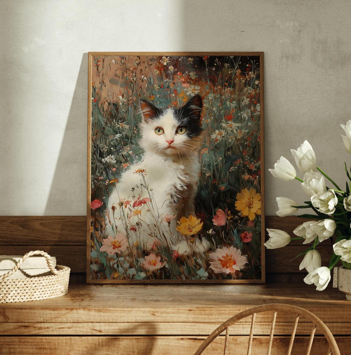 Cat Floral Painting Vintage Cottagecore Art Flowers Landscape Painting Animal Art Print Vintage Print Cat Wall Art Cat Lover Gift