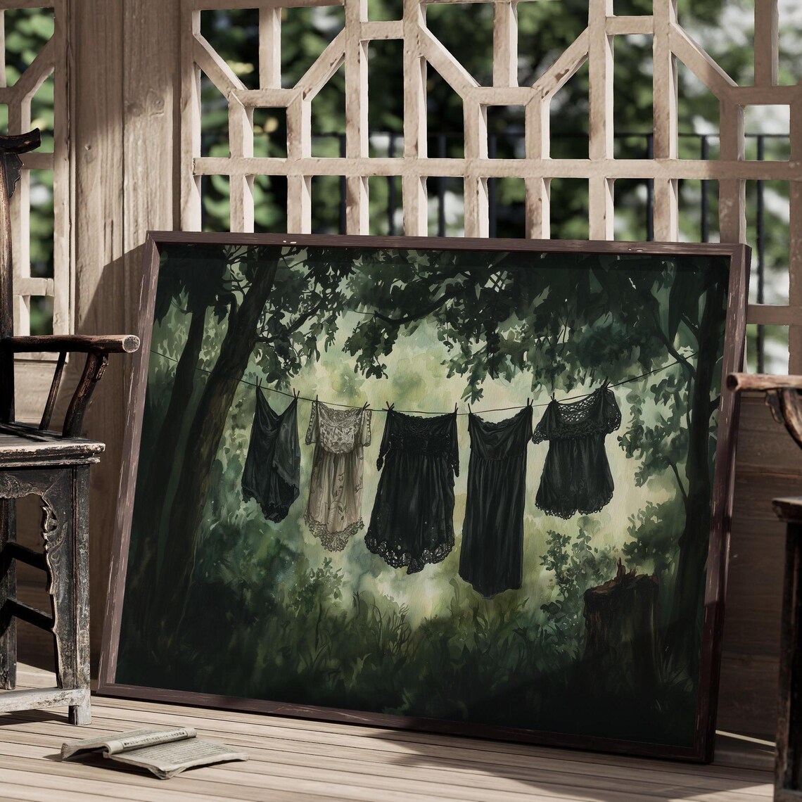 Vintage Dresses On Clothesline In Green Forest Black And White Lace Watercolor Poster - Image 2
