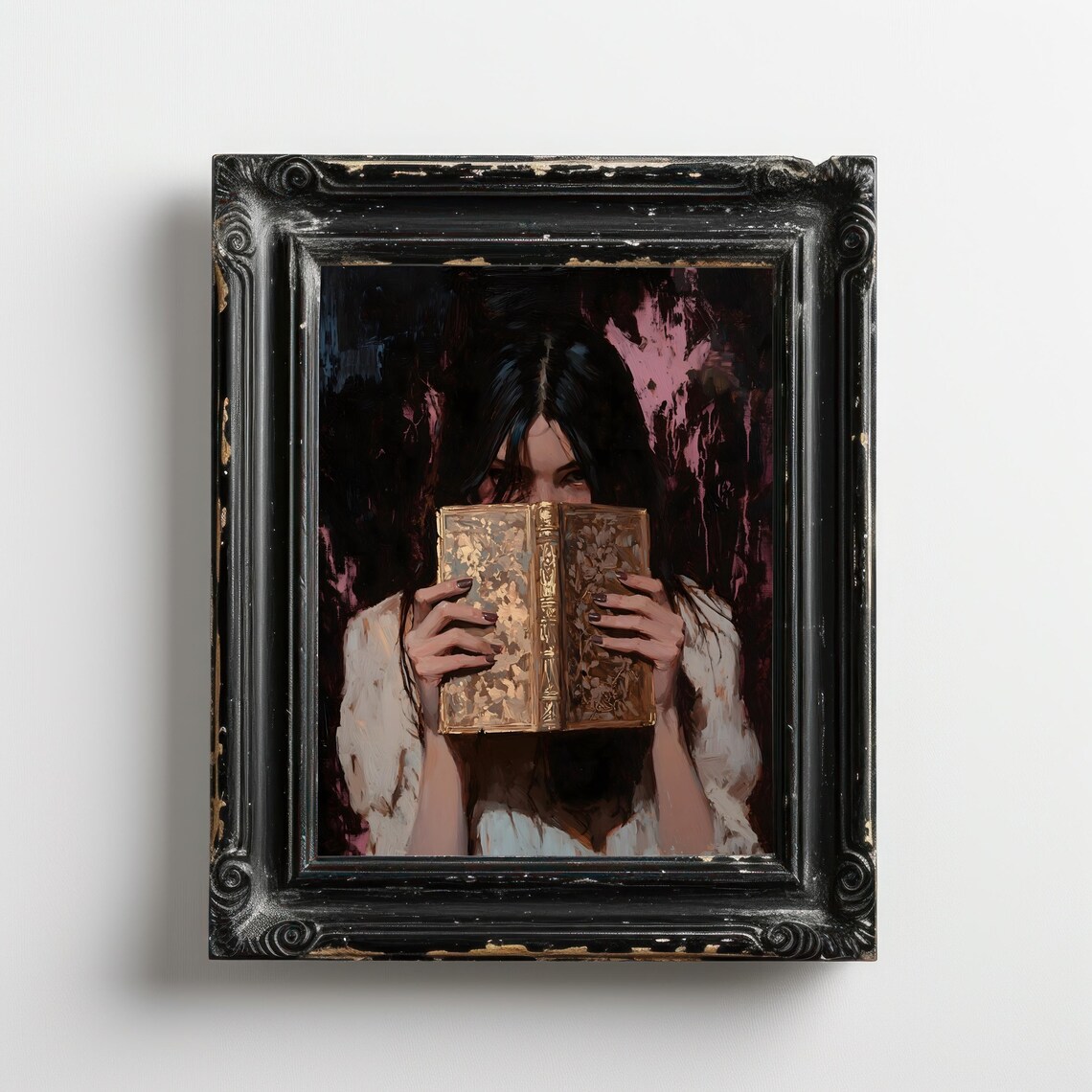 Woman Holding Gilded Antique Book Moody Pink Dark Romance Poster - Image 3