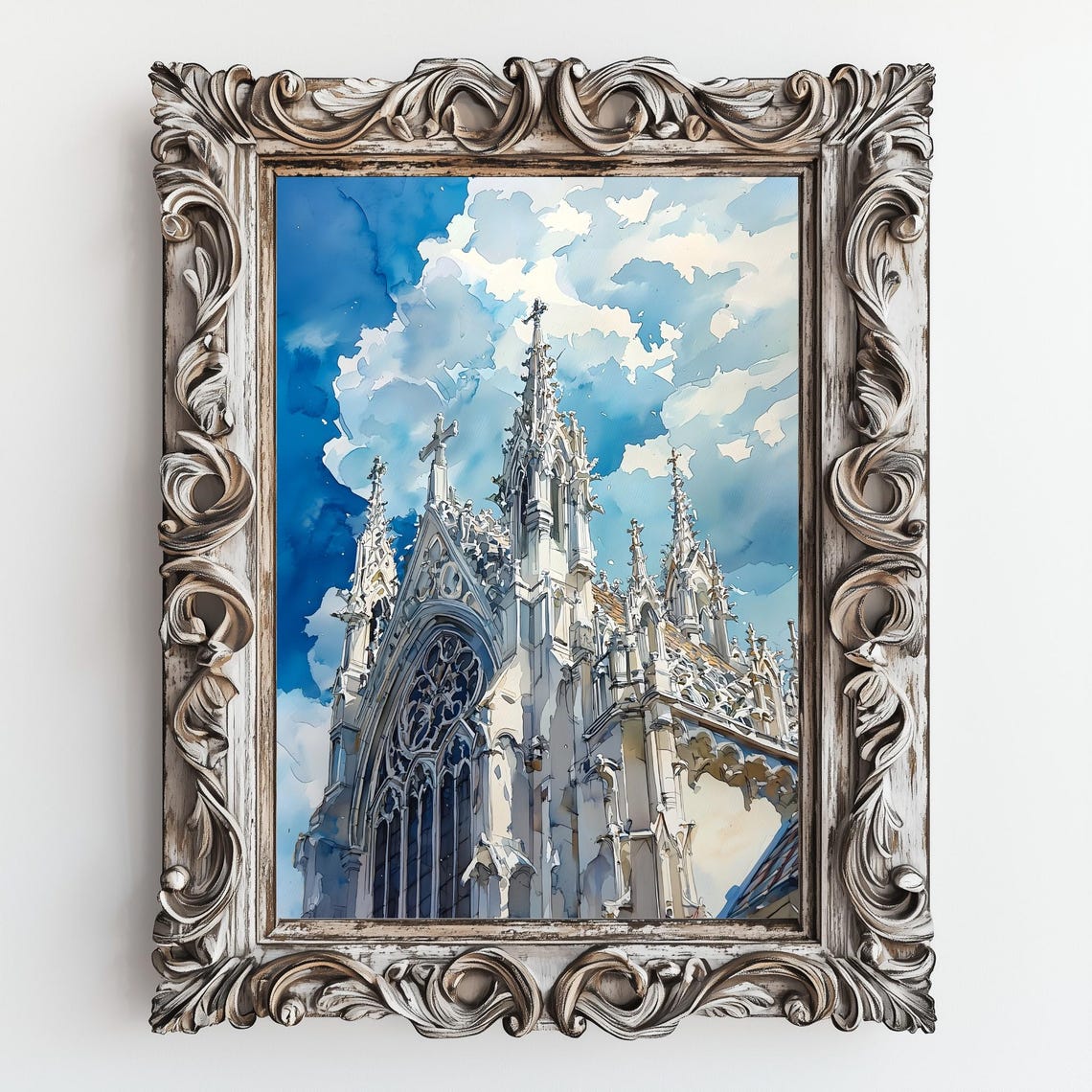 White Gothic Cathedral Arched Window Watercolor Blue Cloudy Sky Poster - Image 2