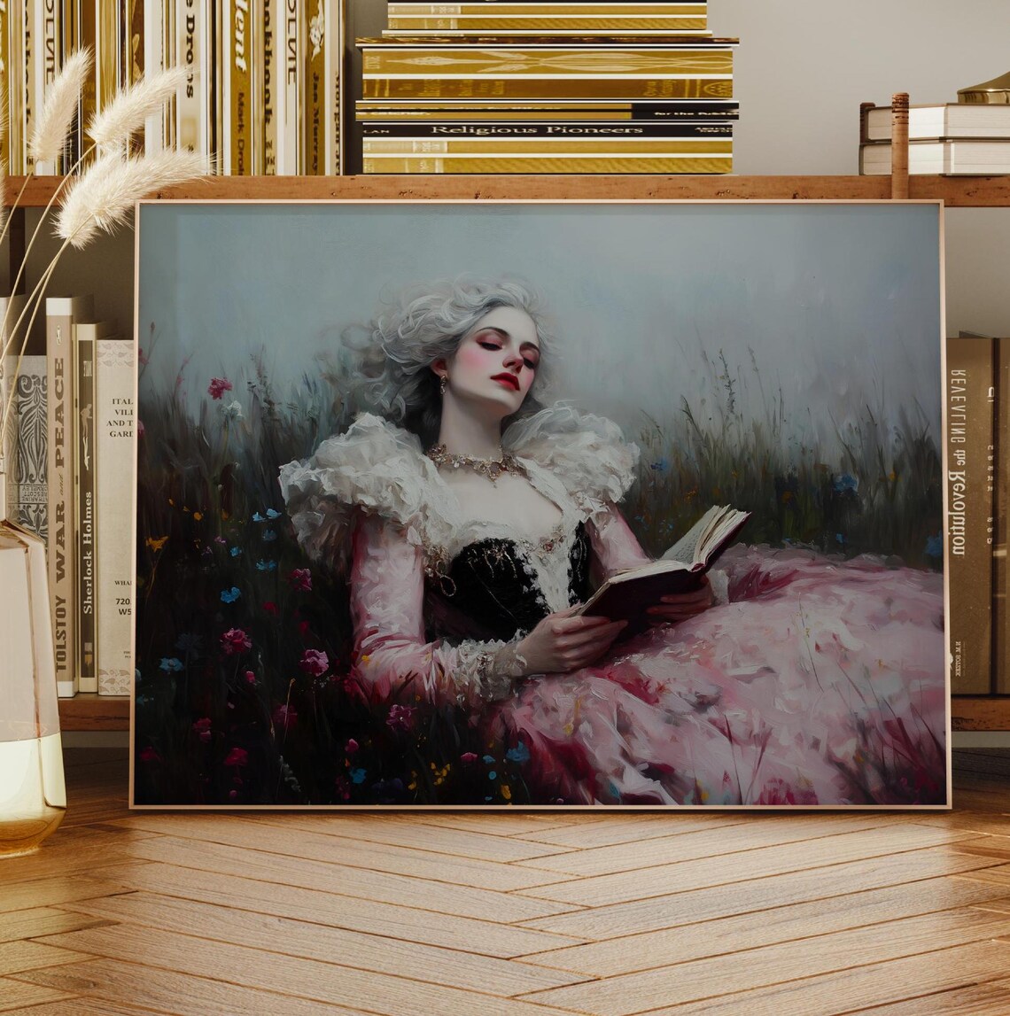 Silver Haired Woman Reading Book Pink Victorian Gown Wildflower Meadow Art Print