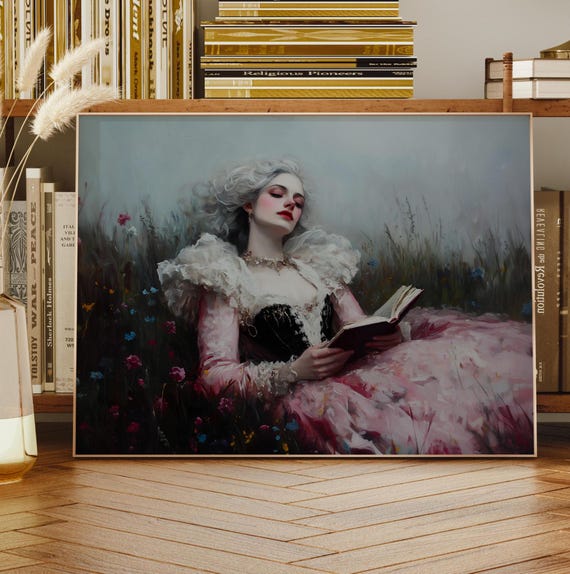 Bookish Victorian Art Print Woman Reading A Book Wildflowers Dark Academia Book Lovers Art Library Art Bookish