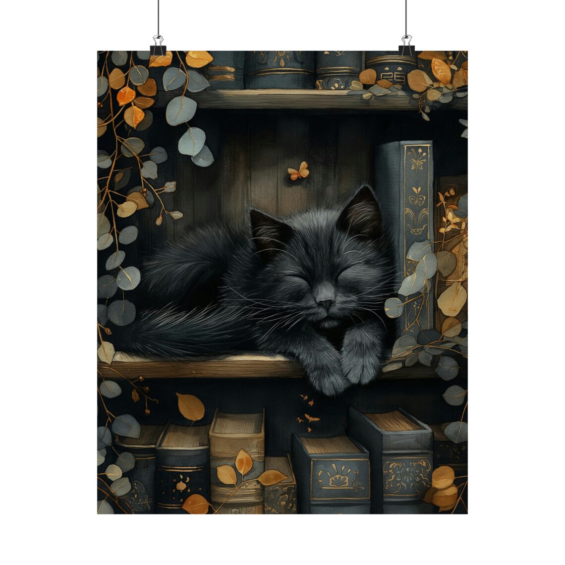 Black Cat and Stack of Books Art Print, Dark Academia - Image 2