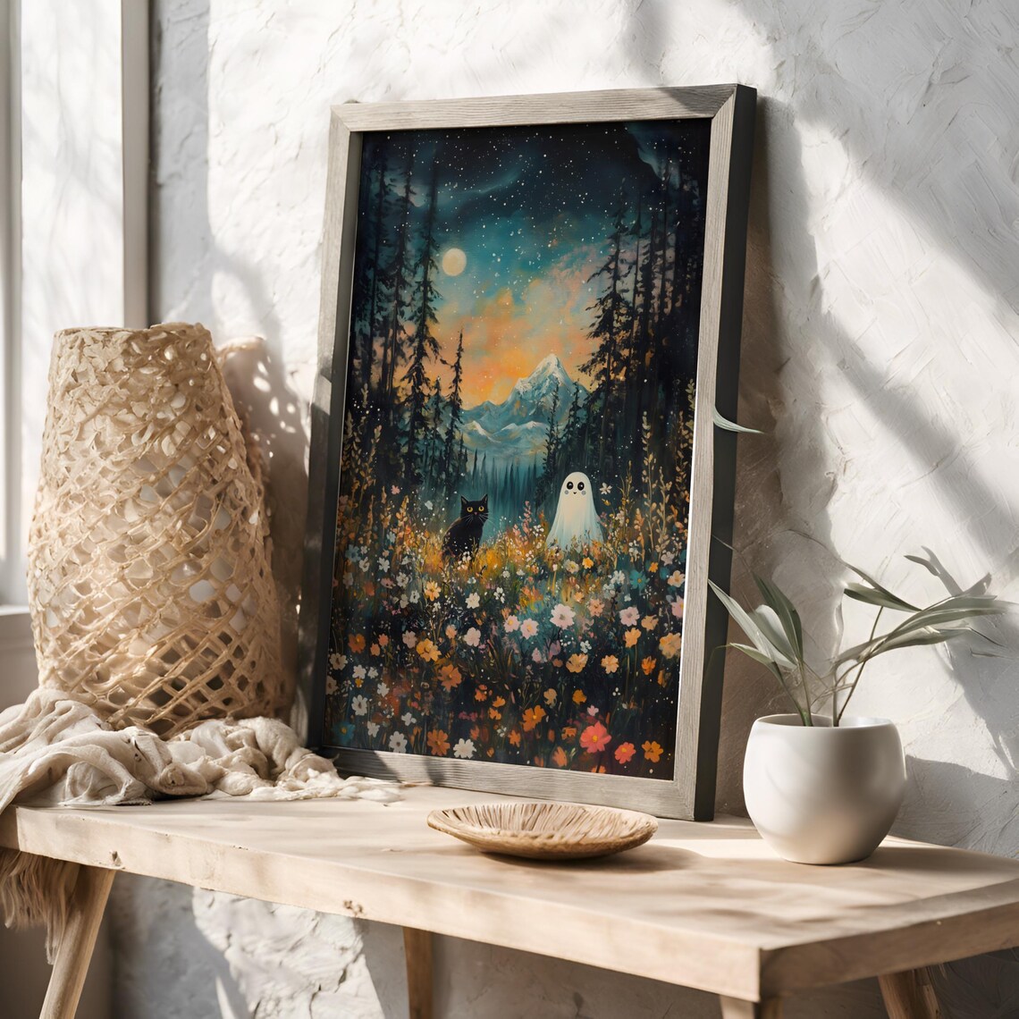 Cute Ghost And Black Cat In Wildflower Meadow Night Mountain Halloween Poster - Image 3