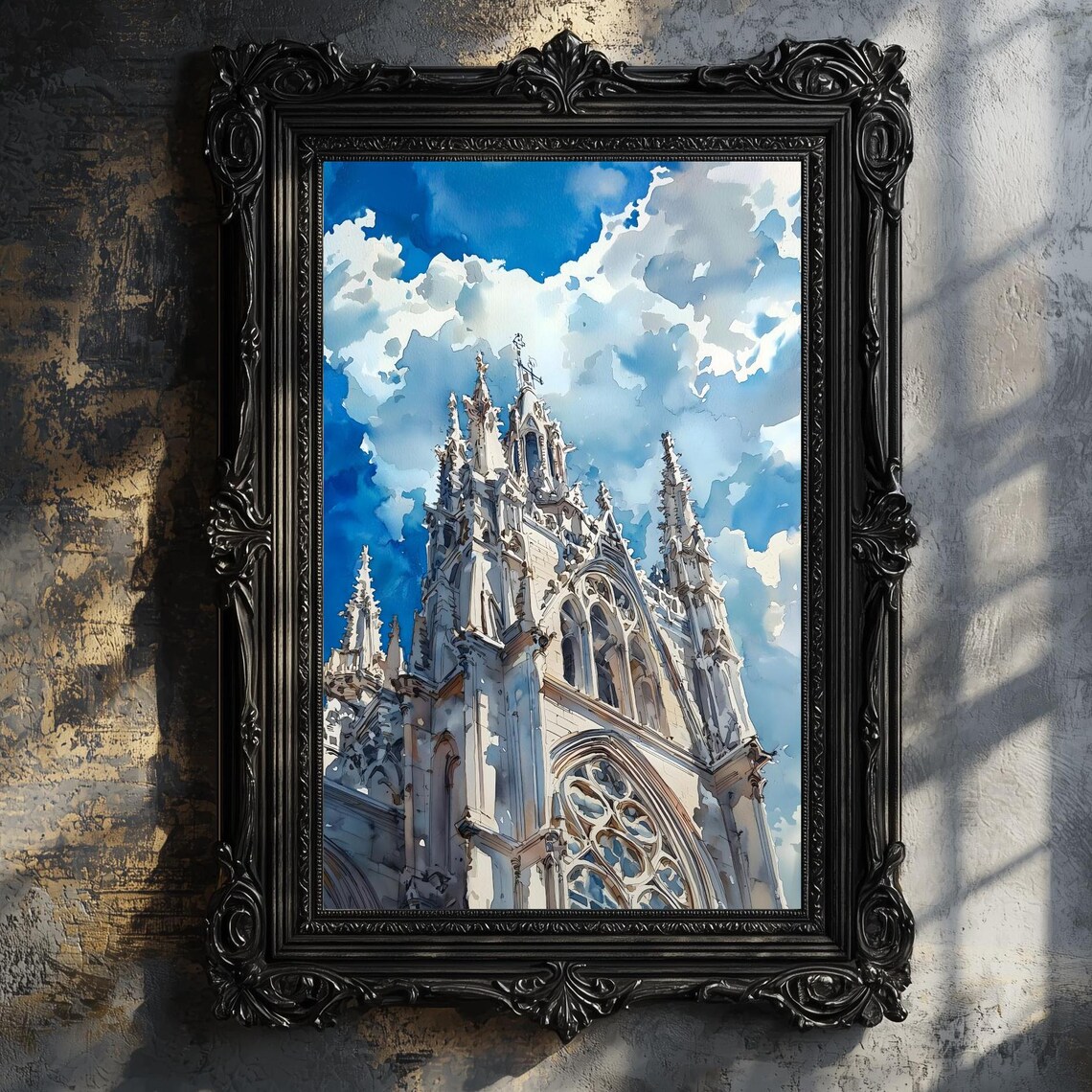 White Gothic Cathedral Spires Against Blue Sky Watercolor Travel Poster - Image 2