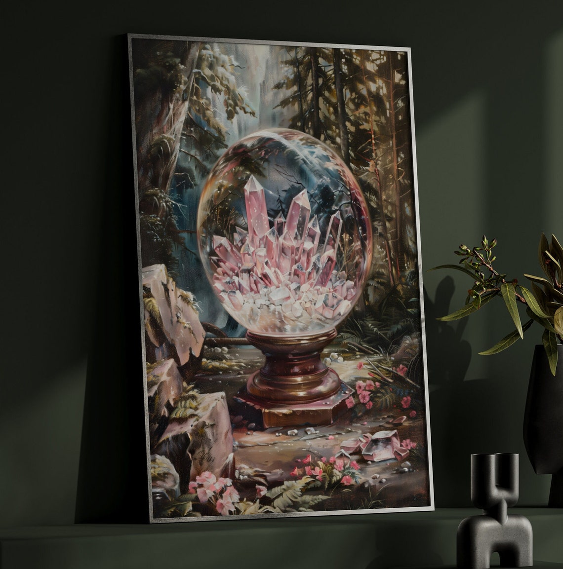 Crystal Ball With Pink Quartz Crystals in Mystical Forest Art Print - Image 2