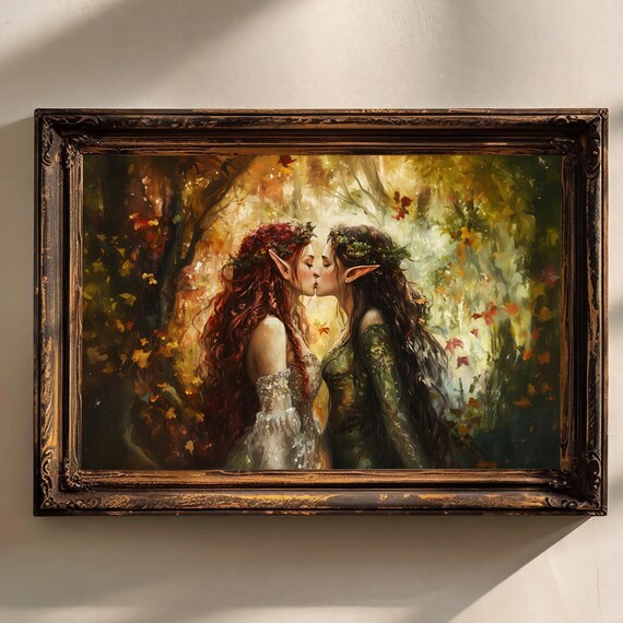 Two Elven Queens In Magical Forest Sapphic Wall Art Sappho Lesbian Decor Art Print Cottagecore Lesbian Wall Art Greek Mythology Art