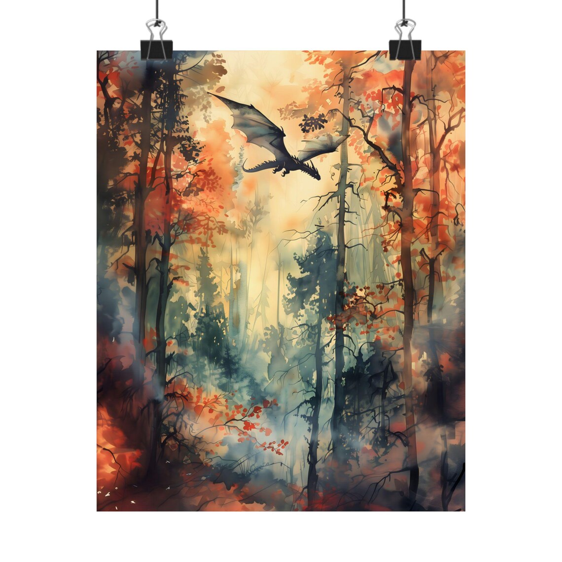 Forest Dragon Watercolor Print, Dark Academia Fantasy - Image 2