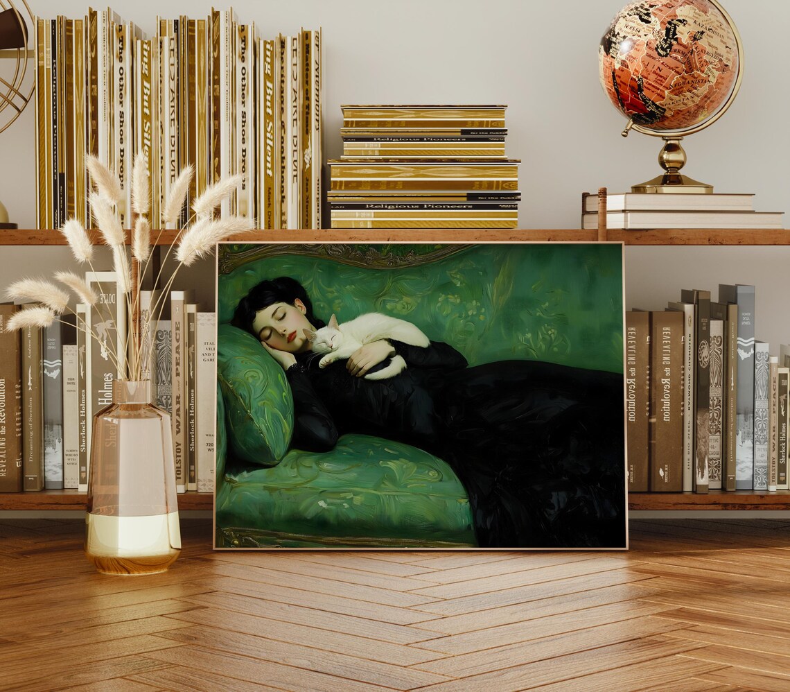 Woman Resting with White Cat on Green Velvet Couch Vintage Poster - Image 3