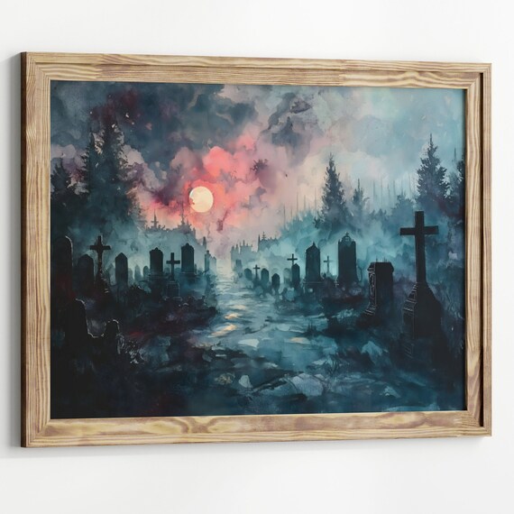 Moody Graveyard Dark Aesthetics Painting Goth Landscape Dark Academia Art Print Gothic Home Dcor Cemetery Art Print Halloween