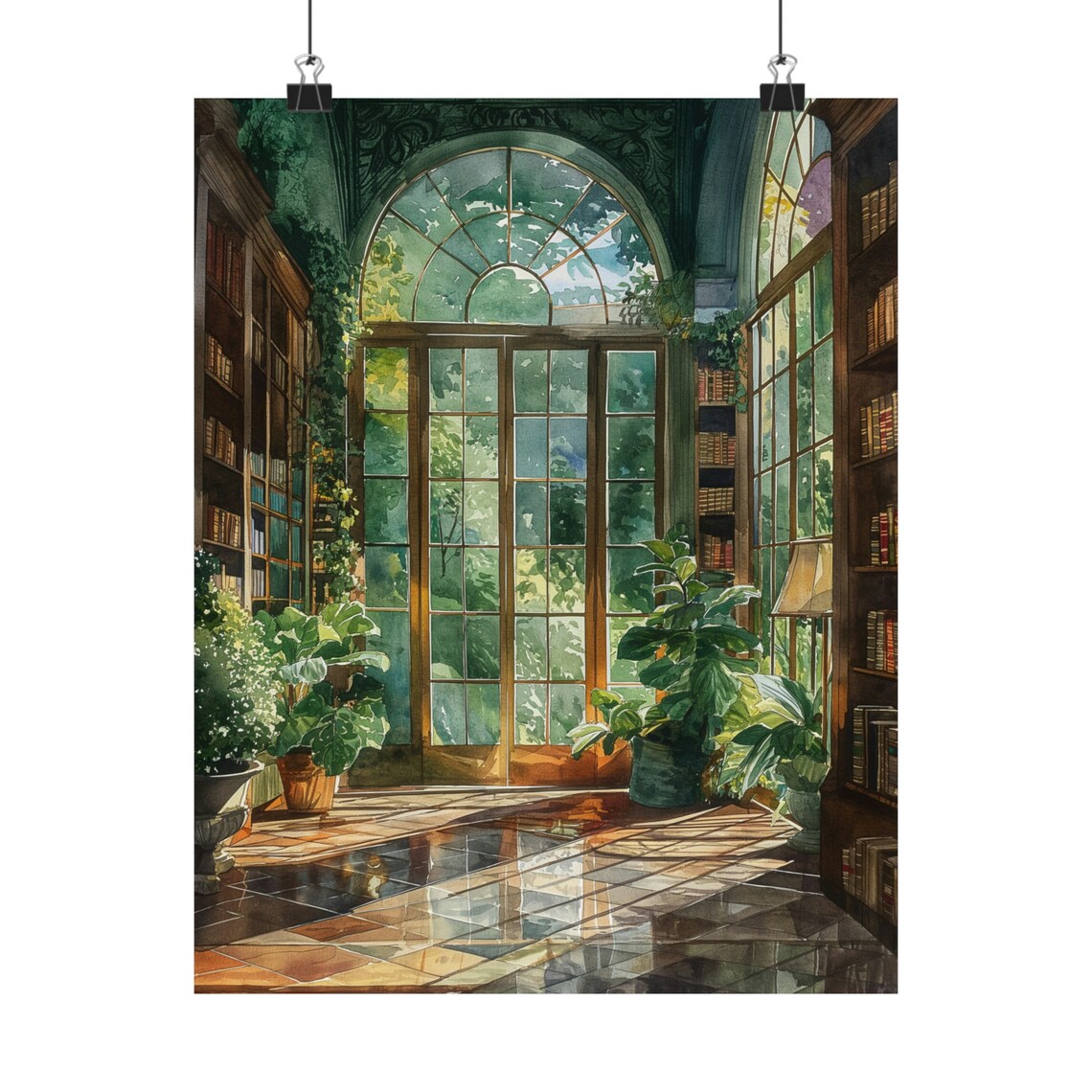 Greenhouse Library Conservatory Watercolor Sunlit Arched Windows Bookish Print - Image 2