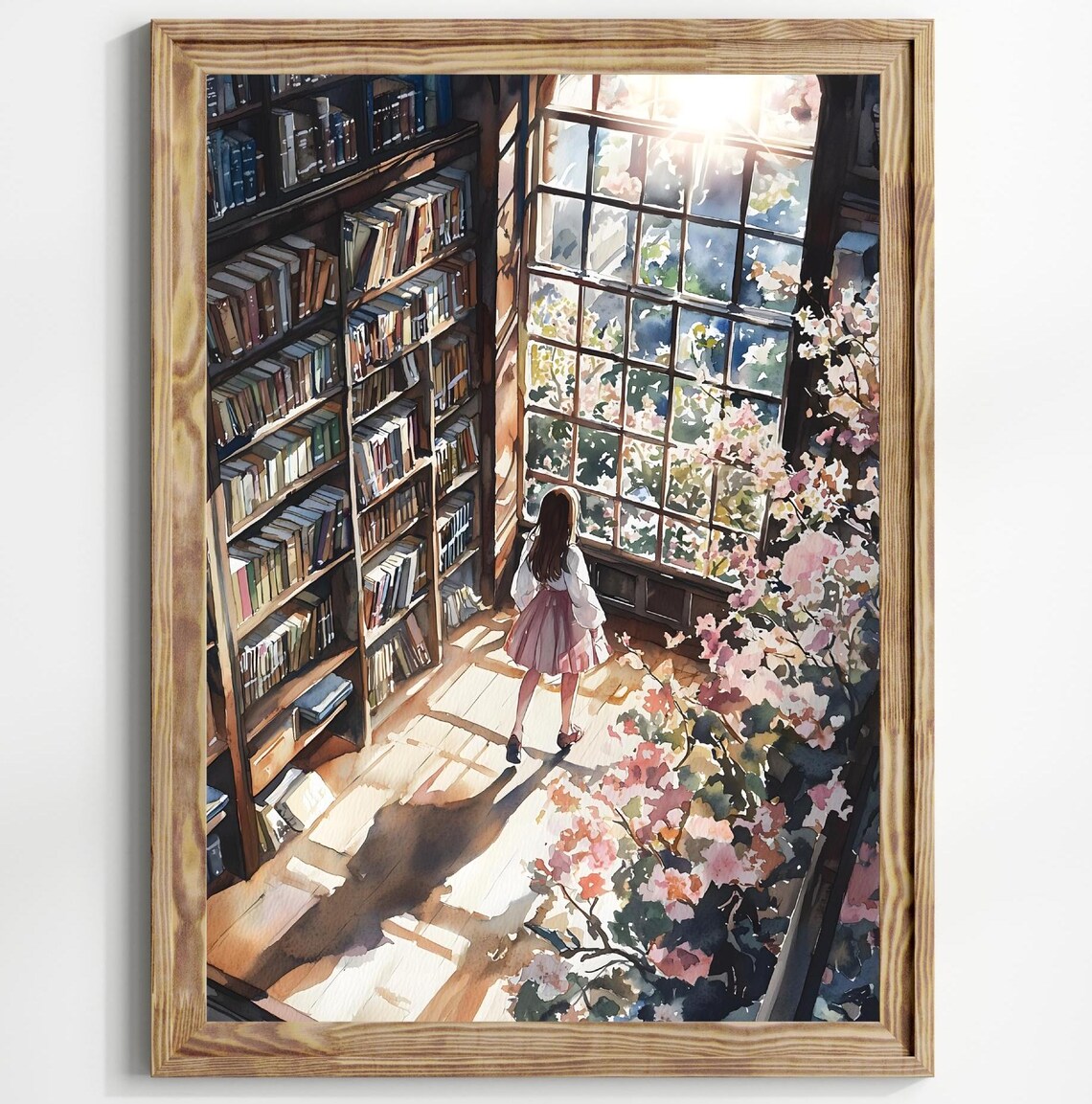 Anime Girl Tall Bookshelves Cherry Blossom Window Art Poster