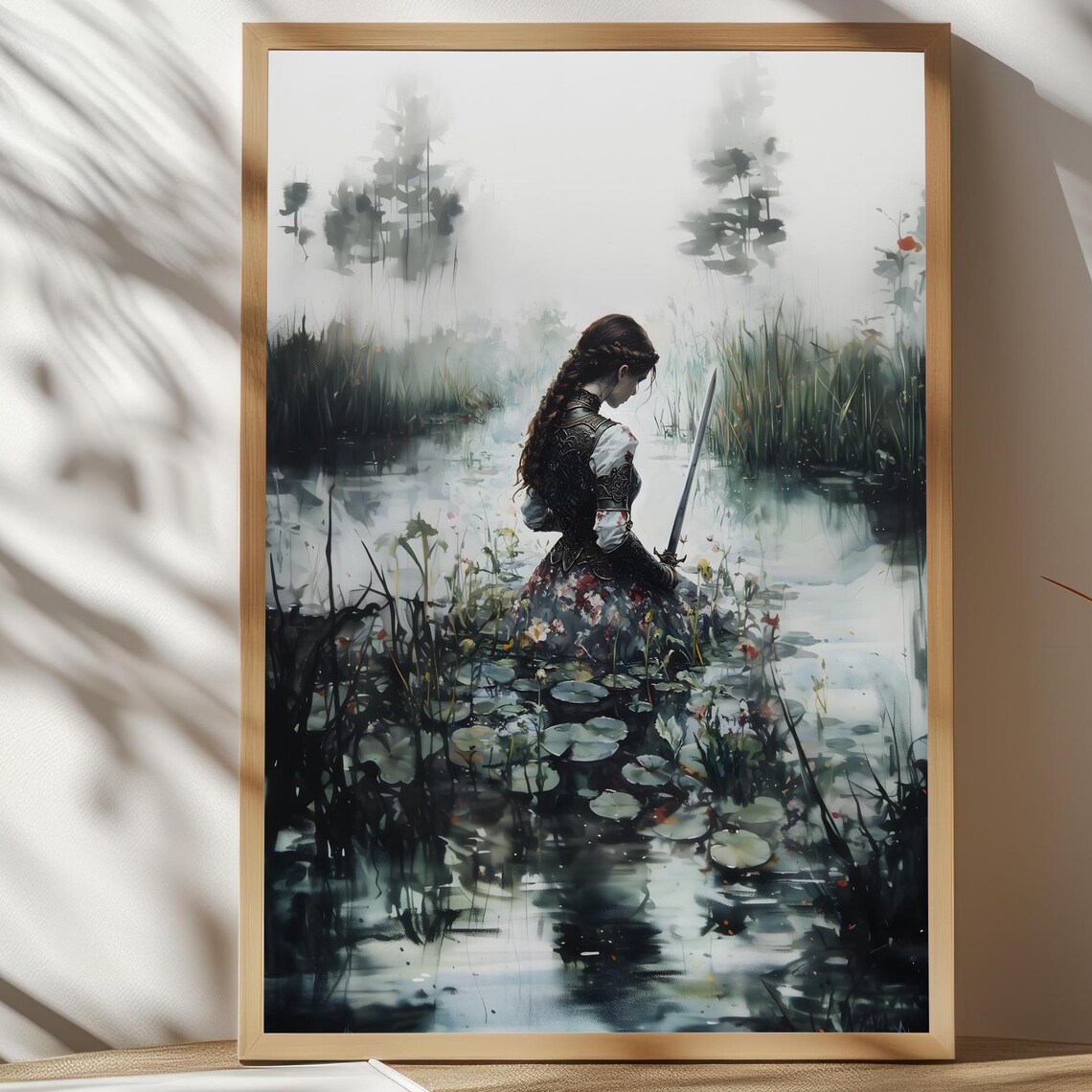 Swordswoman Standing In Misty Lily Pond Lady Of The Lake Fantasy Art Poster