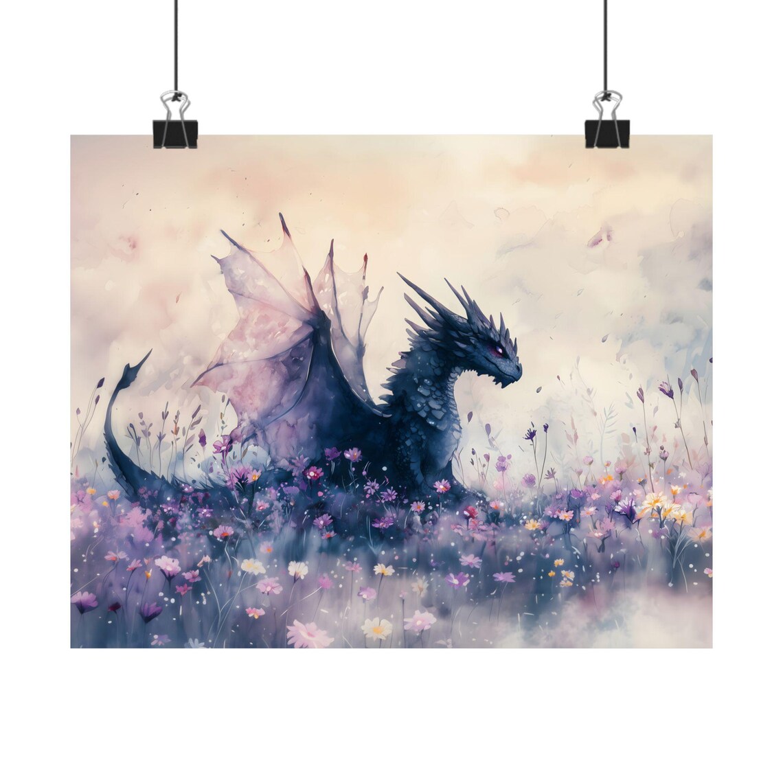 Dragon Watercolor Art Horizontal Poster Print Fantasy Art Forest And A Dragon Fantasy Painting Watercolor Illustration Dark Academia - Image 2