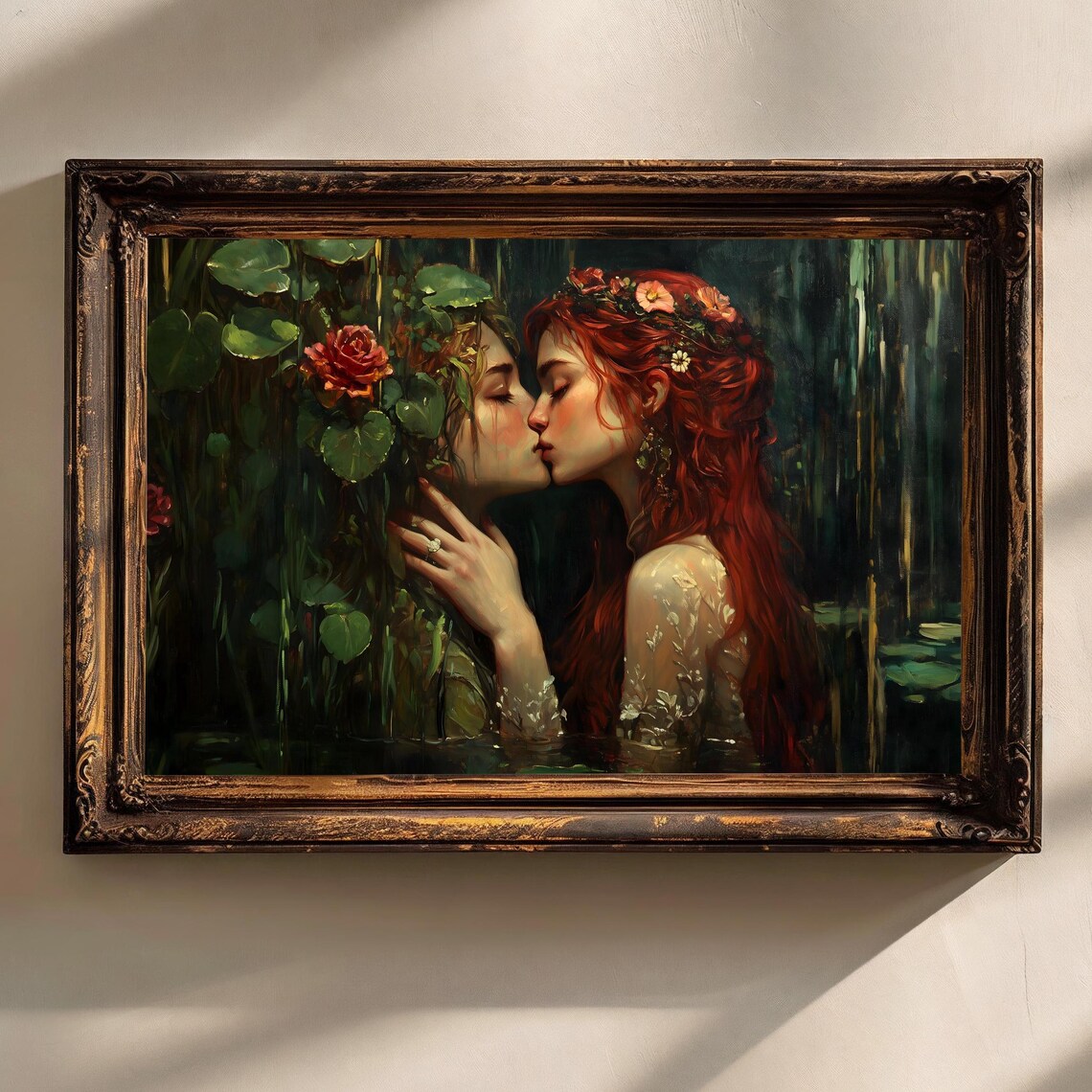 Sapphic Lovers Kissing In Dark Lake Lily Pond Roses Romantic Gothic Art Poster - Image 2
