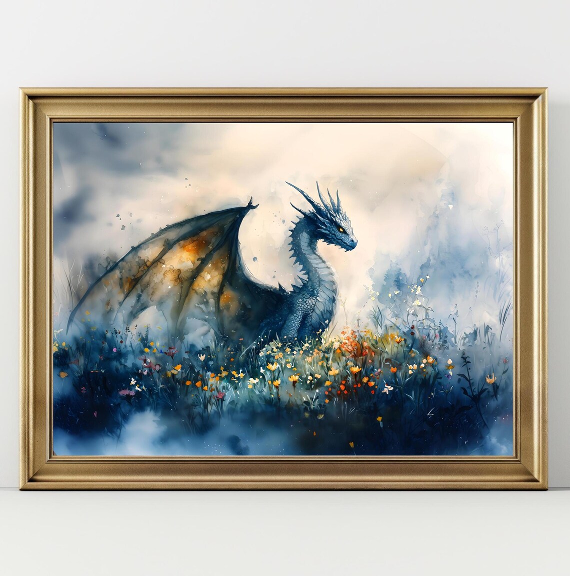 Majestic Blue Dragon In Misty Wildflower Forest Fantasy Watercolor Poster