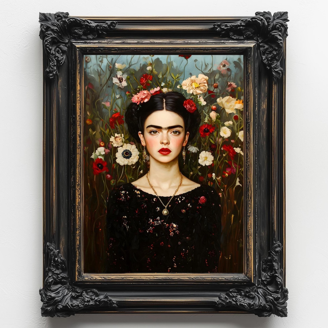 Frida Kahlo Inspired Portrait Wildflowers Black Dress Dark Art Print