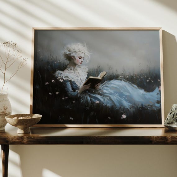Bookish Victorian Art Print Woman Reading A Book Wildflowers Dark Academia Book Lovers Art Library Art Bookish