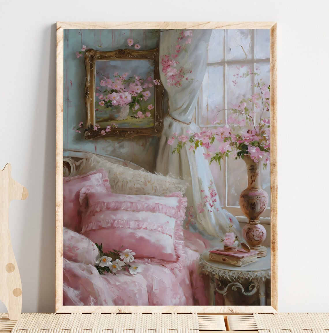 Pink Coquette Bedroom Ruffled Bedding Floral Vase Romantic Wall Art Poster - Image 2