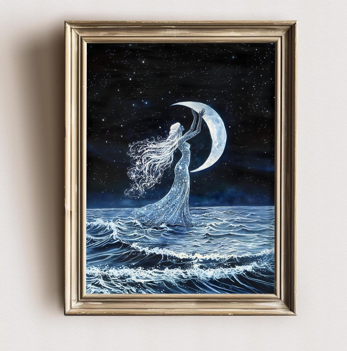 Selene Moon Goddess Holding Crescent Starry Night Ocean Art Poster - Image 2