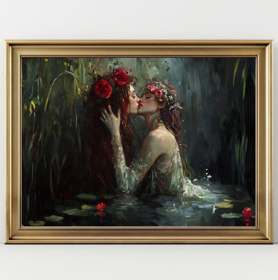 Love Queens Sapphic Art Print The Lake Goth Moody Victorian Lesbian Sappho Wall Art Dark Decor Aesthetic Dark Cottagecore Gothic